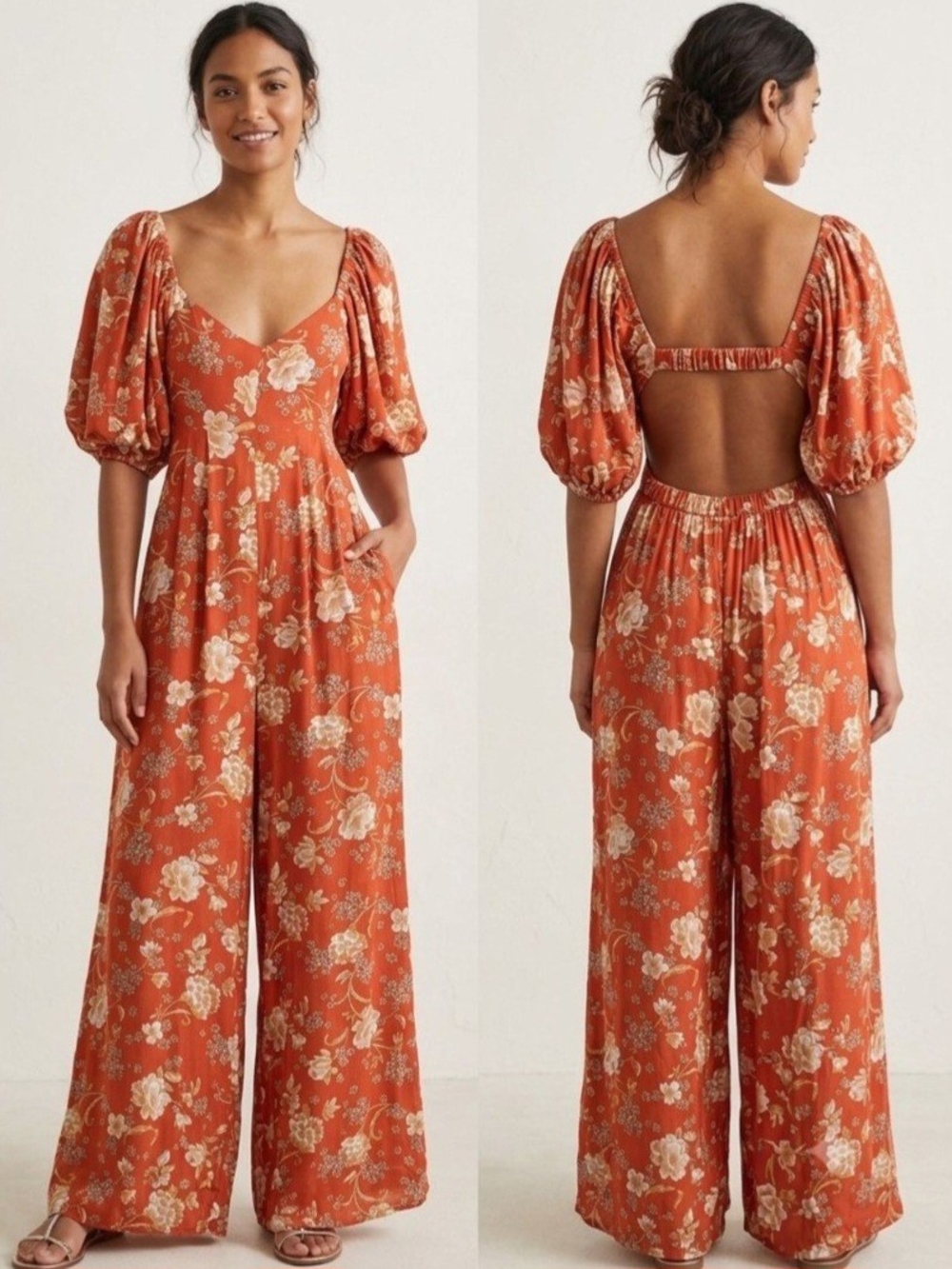 Maeve Women’s Rust Floral Puff-Sleeve Jumpsuit. Size S